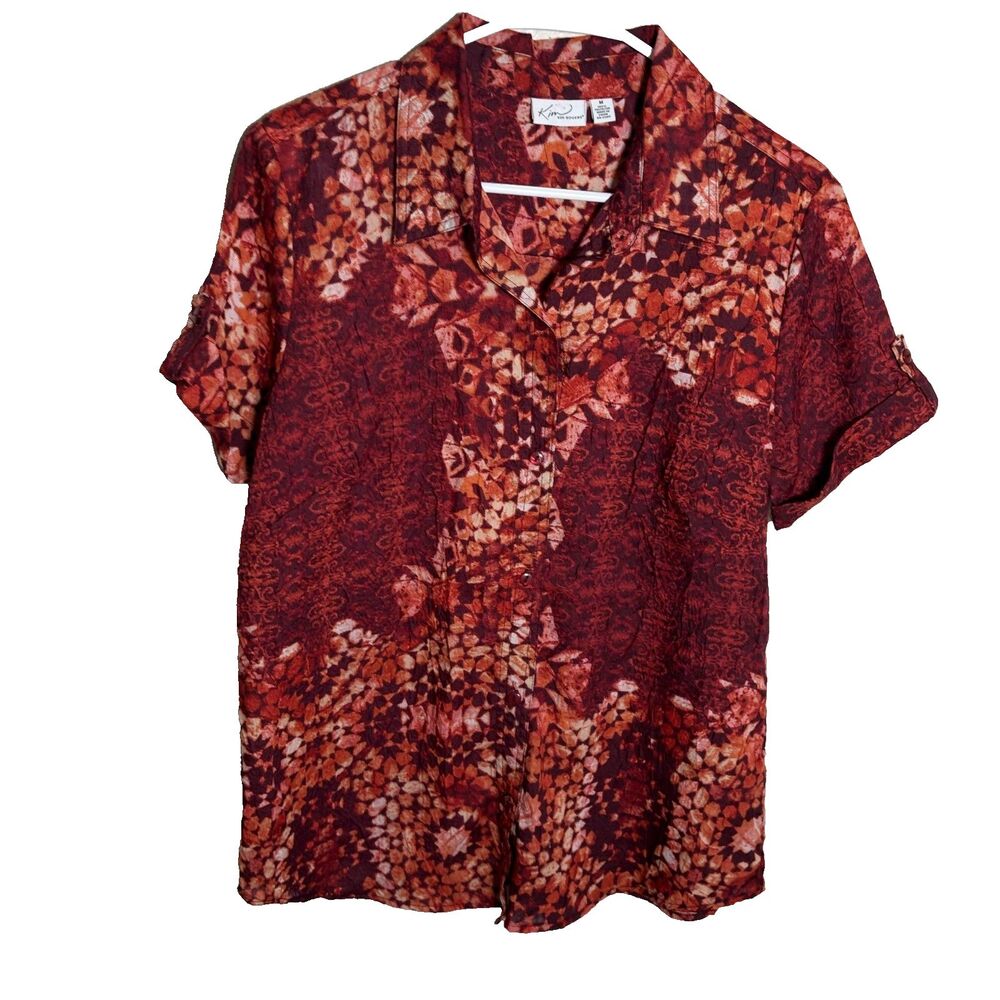 Kim Rogers Shirt Women's Medium Button Up Short Sleeve Printed Collared Top